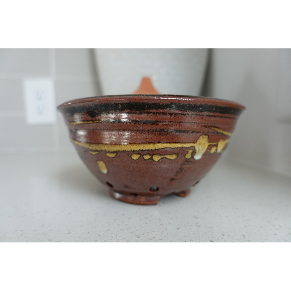 Handmade Pottery Berry Bowl‎ Colander Brown Glazed Ceramic Kitchen Decor
